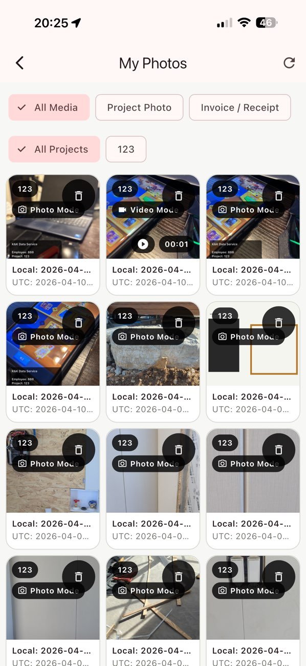 KK Data Field Logger media library showing project photos in the released iOS app