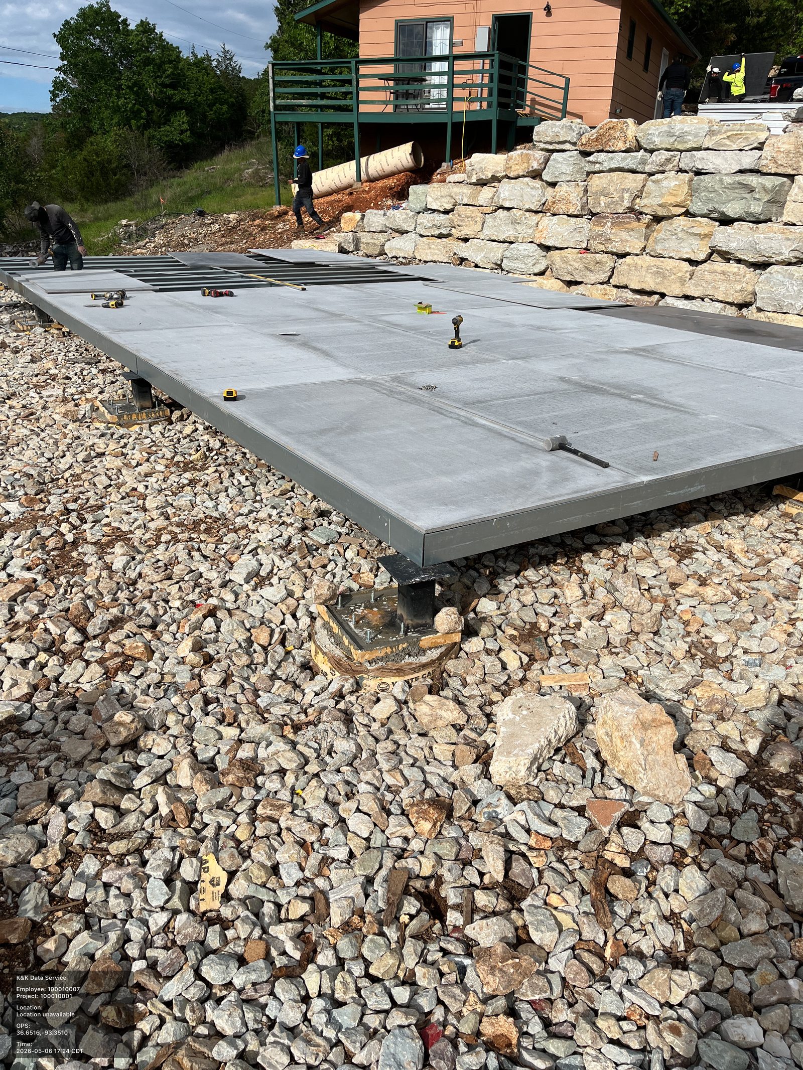 Prefab foundation platform and steel frame interface on a field site