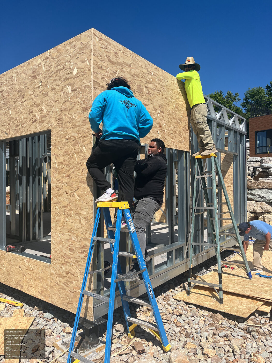 Wall sheathing installed over prepared steel framing