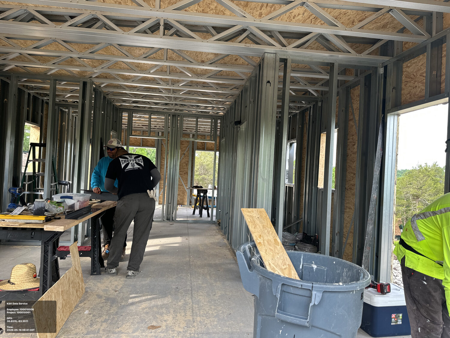 Interior work progressing inside the steel-framed residence