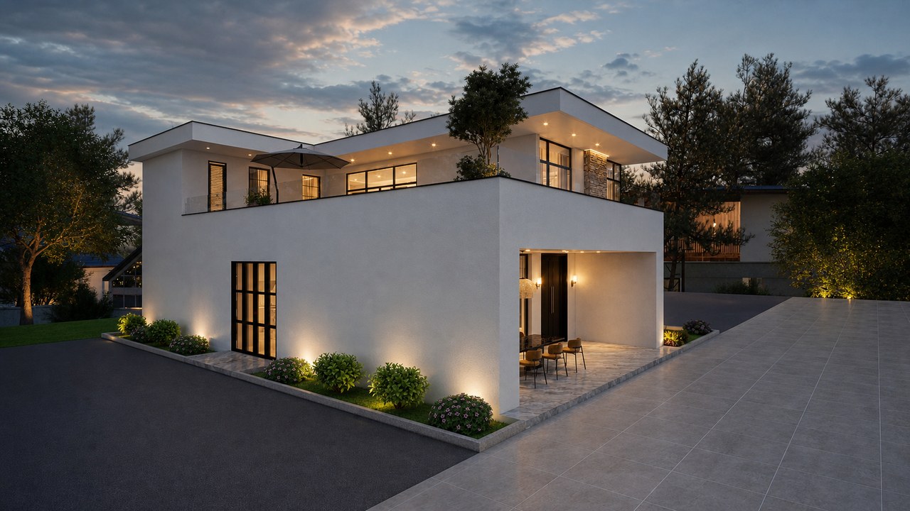 The Elara contemporary home shown from a rear corner at dusk