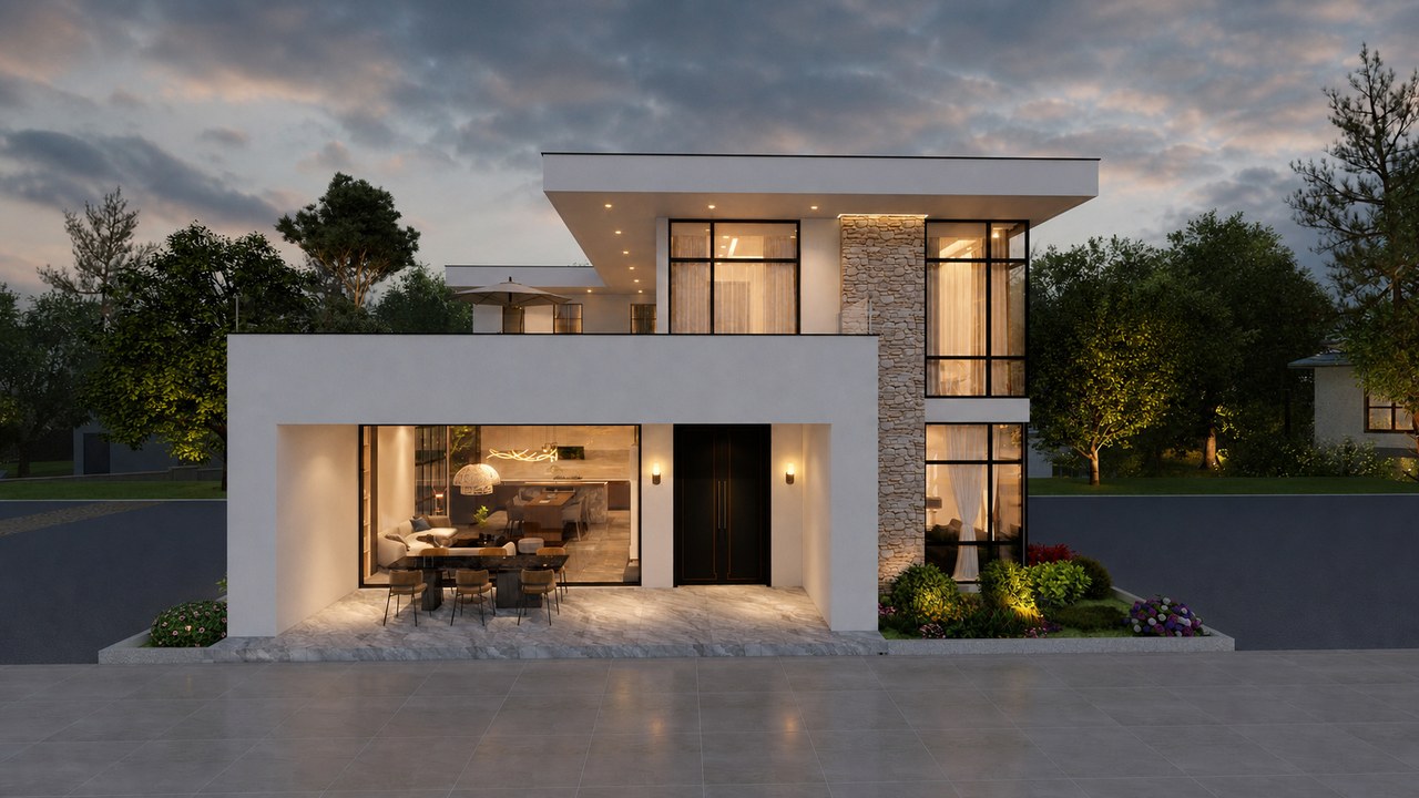 The Elara contemporary home front elevation at dusk
