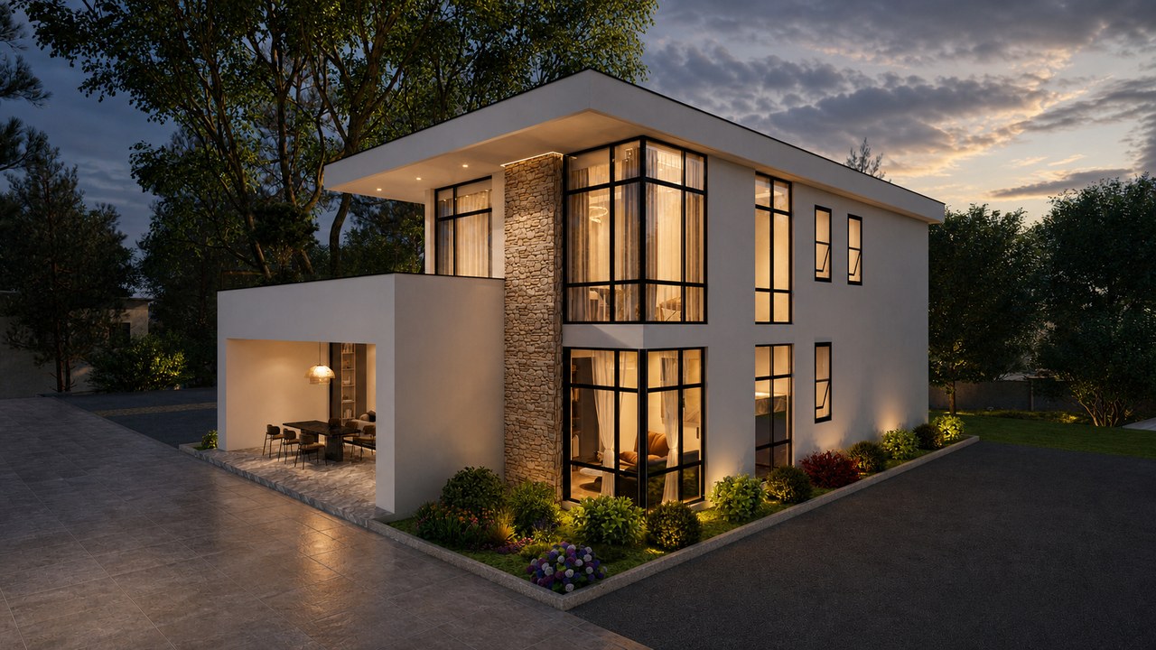 The Elara contemporary home shown from an angled front view