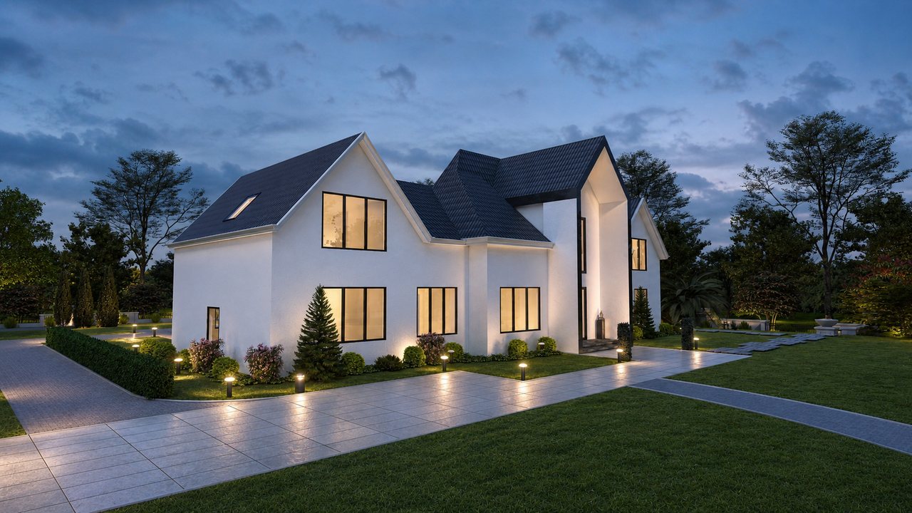 The Evienne contemporary home shown from an angled front view