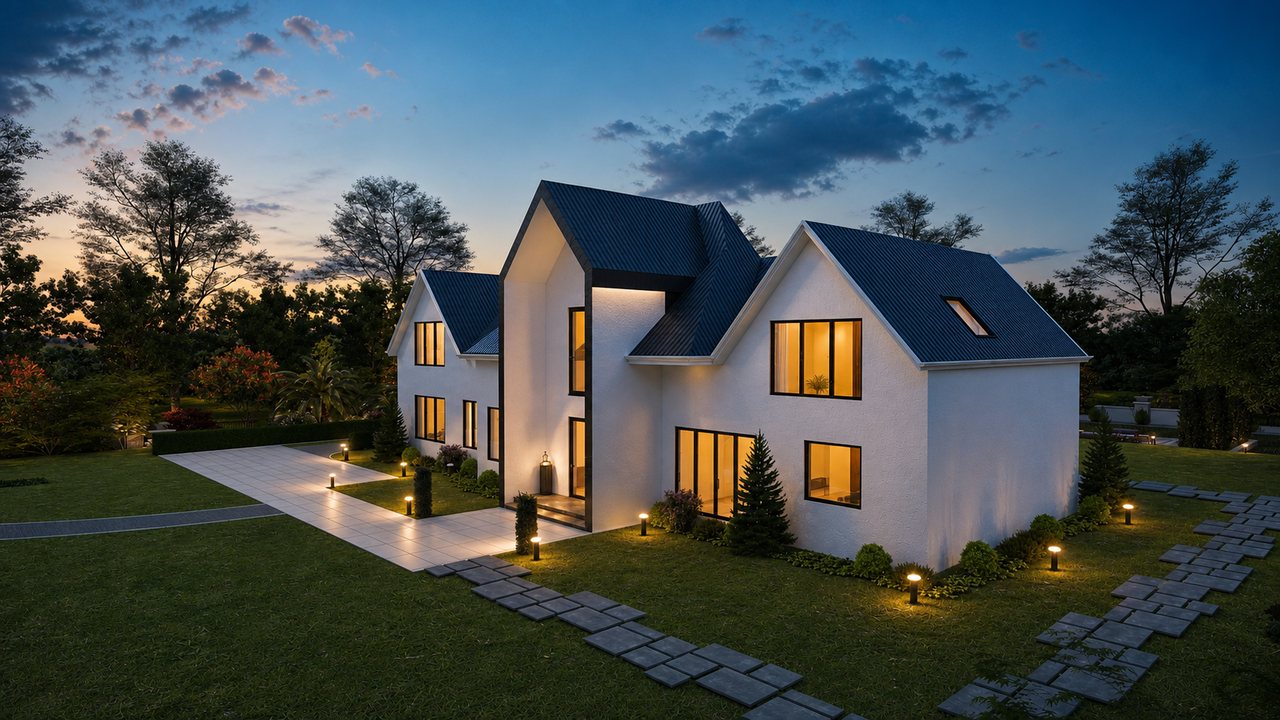 The Evienne contemporary home shown from another exterior approach