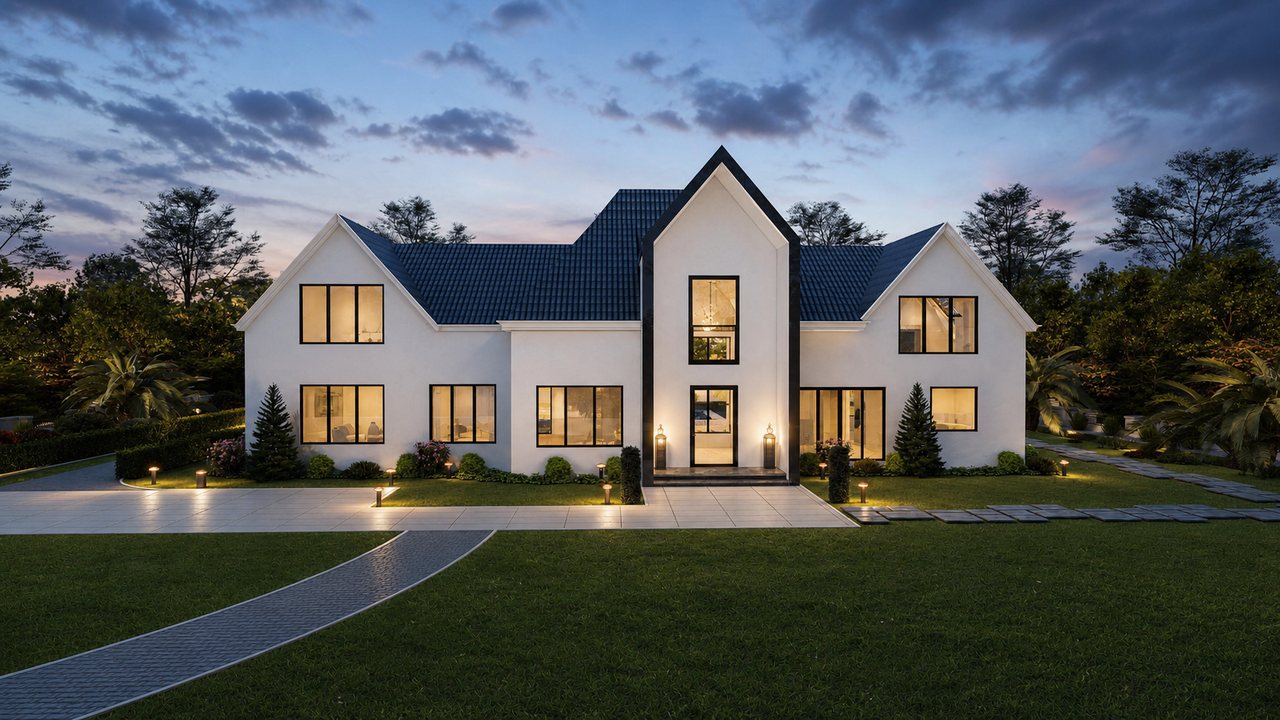 The Evienne contemporary home front elevation at dusk