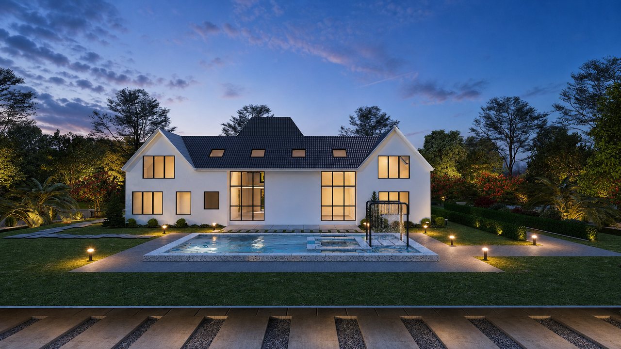 The Evienne rear elevation with an outdoor pool