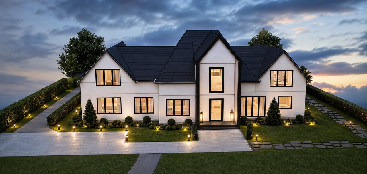The Evienne wide front elevation and landscaped approach