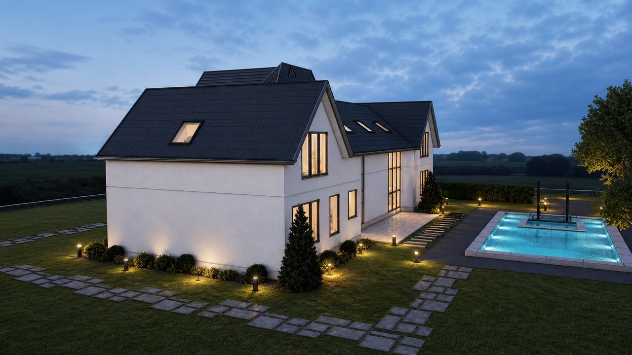The Evienne side and rear elevation beside the pool